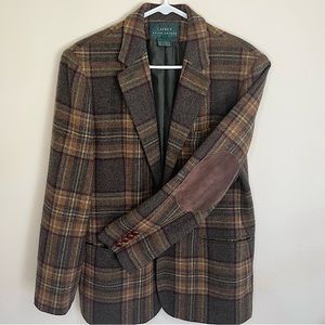 Vintage Lauren Ralph Lauren 90s Blazer Plaid Leather Wool Coat Jacket Old Money